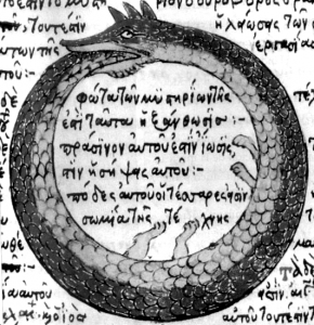 Drawing by Theodoros Pelecanos, in a 1478 copy of a lost alchemical tract by Synesius. Wikipedia.