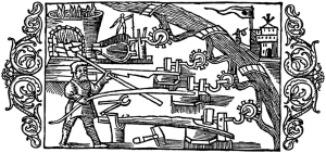 A woodcut of a man using a forge