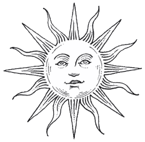 line drawing of the sun with a face